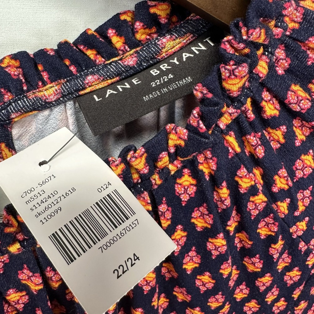 Lane Bryant Navy Pink Geometric Medallion Ruffle Neck Keyhole Blouse 22/24 NEW - Picture 3 of 5
